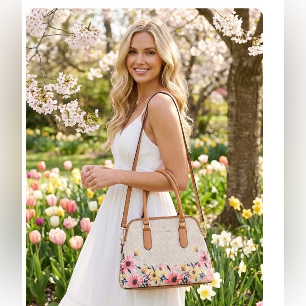 Nanette Lepore Cream‎ and Tan Satchel with Floral spring Design